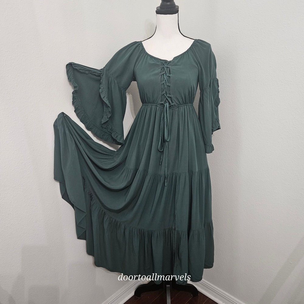 Scarlet Darkness Green Maxi Tiered Dress Lace-up sz S/M RenFest Forest Fairy
